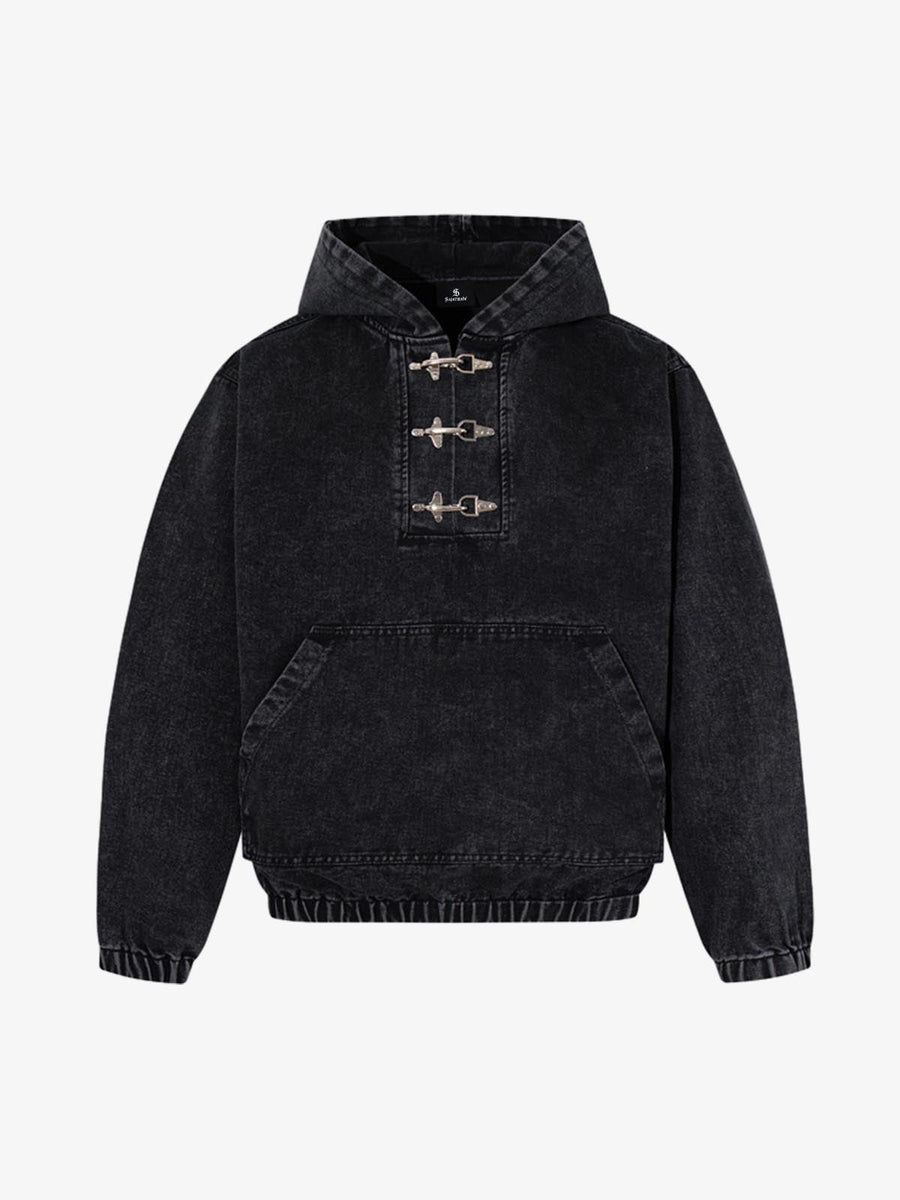 Vintage Washed Denim Metal Toggle Detail Pullover Hoodie 