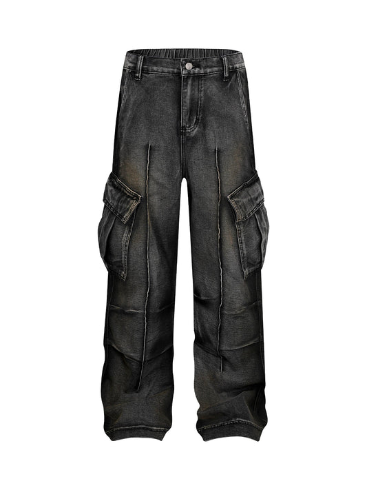 Washed Distressed Pleated Cargo Jeans 