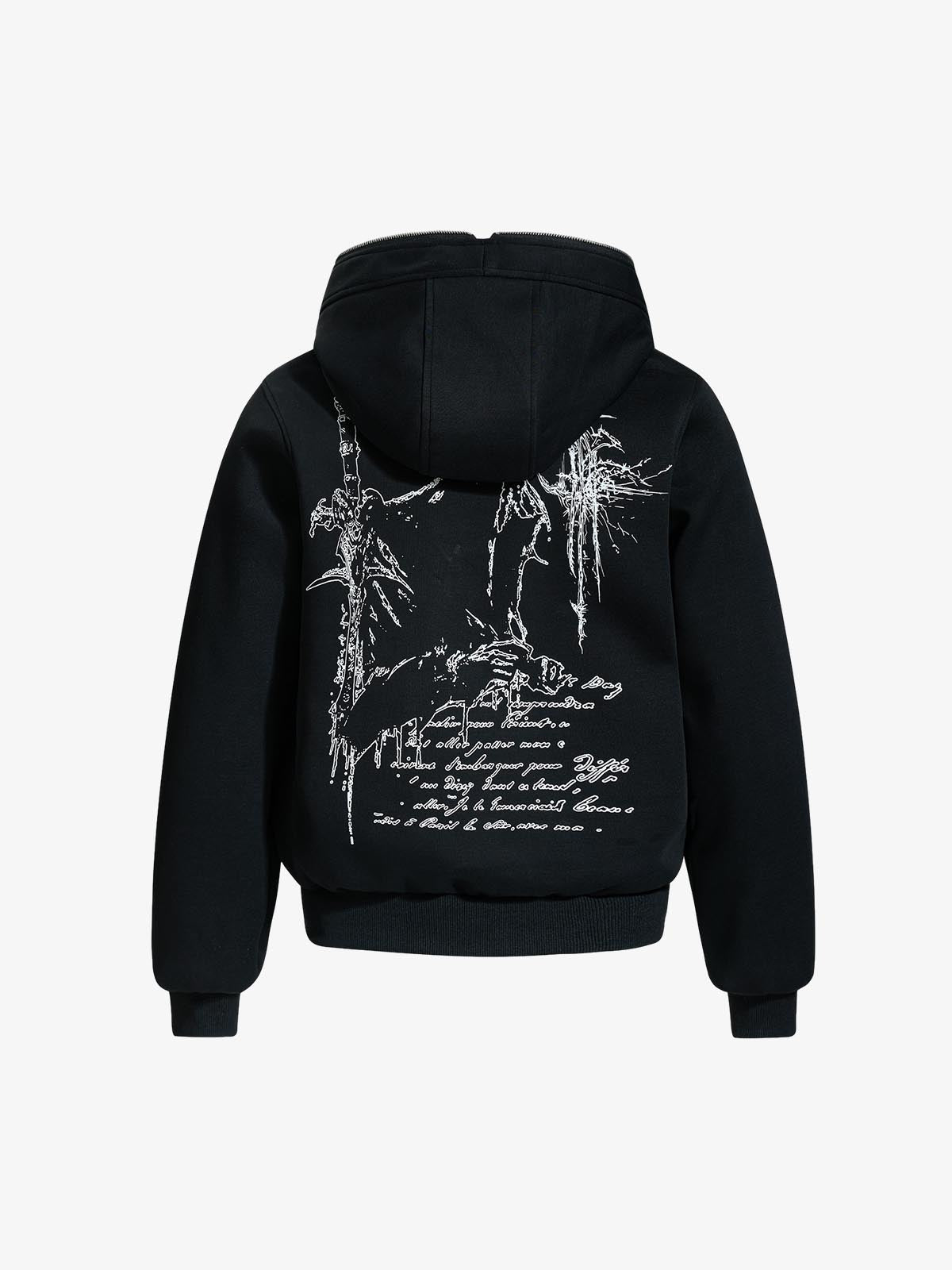 Stylish Hooded Zip-Up Jacket with Unique Graphic Design 
