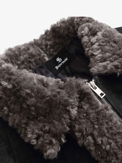 Retro Suede Texture Shearling Collar Fleece Bomber Jacket 