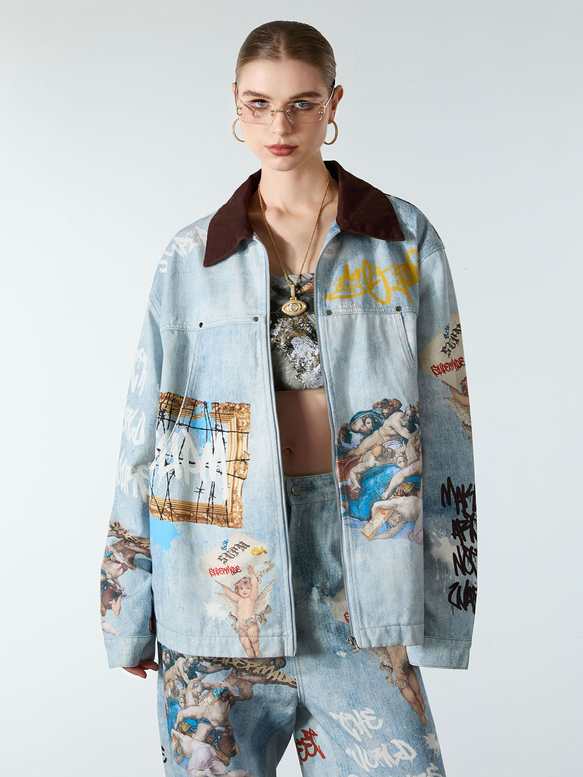 Artistic Patches Graphic  Distressed Denim Jacket 