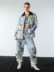 Artistic Patches Graphic  Distressed Denim Jacket - 2573 