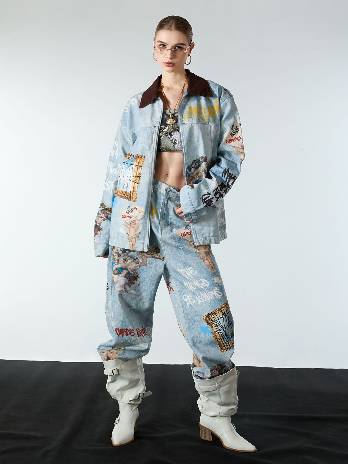 Artistic Patches Graphic  Distressed Denim Jacket 