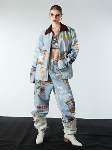 Artistic Patches Graphic  Distressed Denim Jacket - 2573 