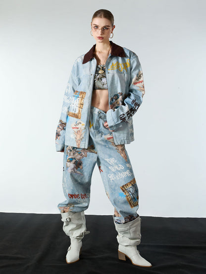Artistic Patches Graphic  Distressed Denim Jacket 