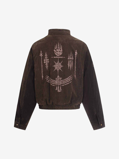 Vintage Suede Embroidered Toggle-Buckle Stand Collar Down Jacket 