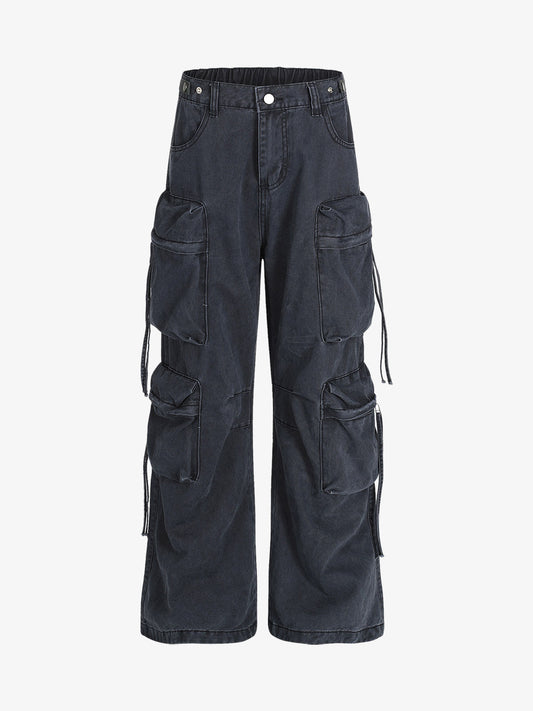 Multi-Pocket Workwear Casual Flared Wide-Leg Pants 