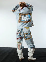 Artistic Patches Graphic  Distressed Denim Jacket - 2573 