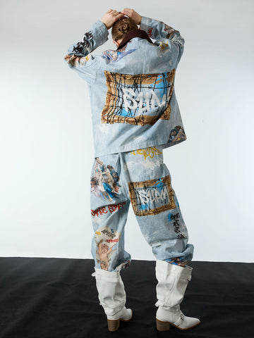 Artistic Patches Graphic  Distressed Denim Jacket - 2573 