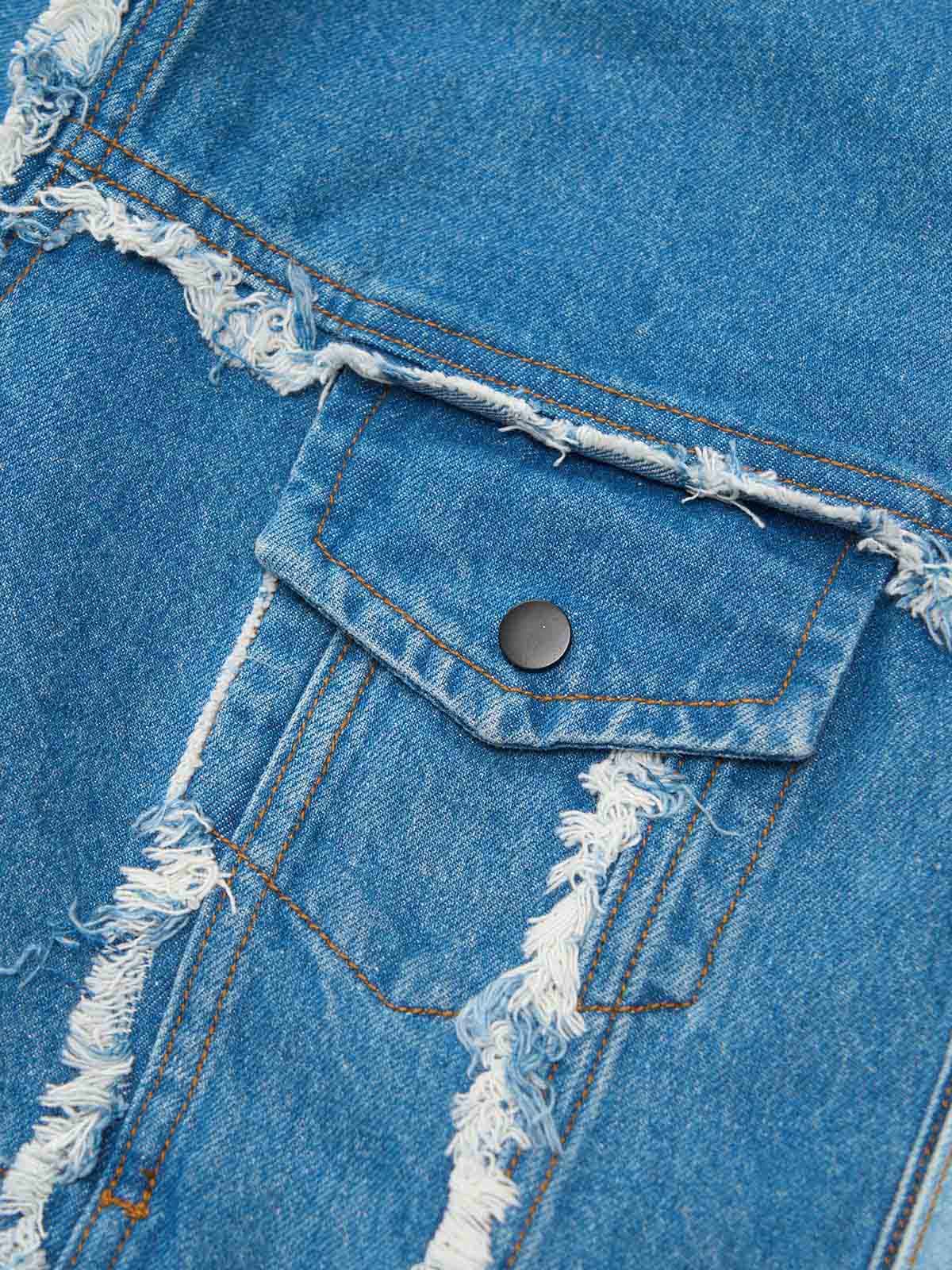 Thesupermade Flame-themed Deconstructed Color-contrast Reconstructed Distressed Raw-edge Denim Jacket 
