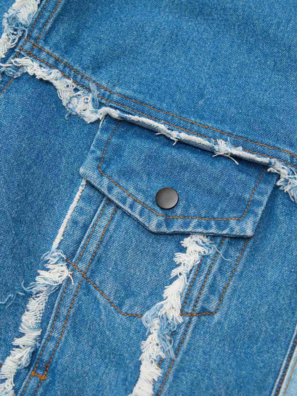 Thesupermade Flame-themed Deconstructed Color-contrast Reconstructed Distressed Raw-edge Denim Jacket 