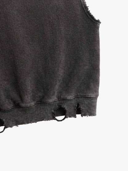 Distressed Multi-Label Graphic Sleeveless Zip Hoodie 
