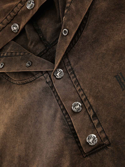 Distressed Washed Rivet Hooded Denim Sweatshirt 