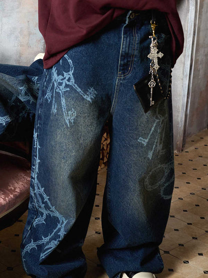 Supermade Thorn and Key Pattern Laser-Burnout Retro Baggy Jeans 
