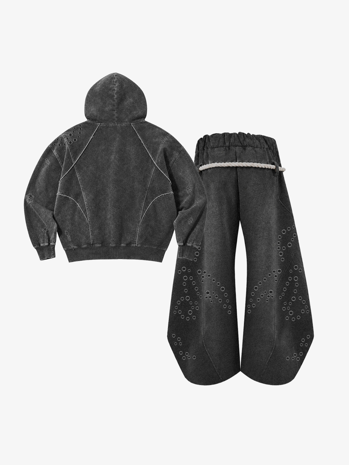Washed Eyelet Distressed Hoodie & Curved-Leg Sweatpants Set