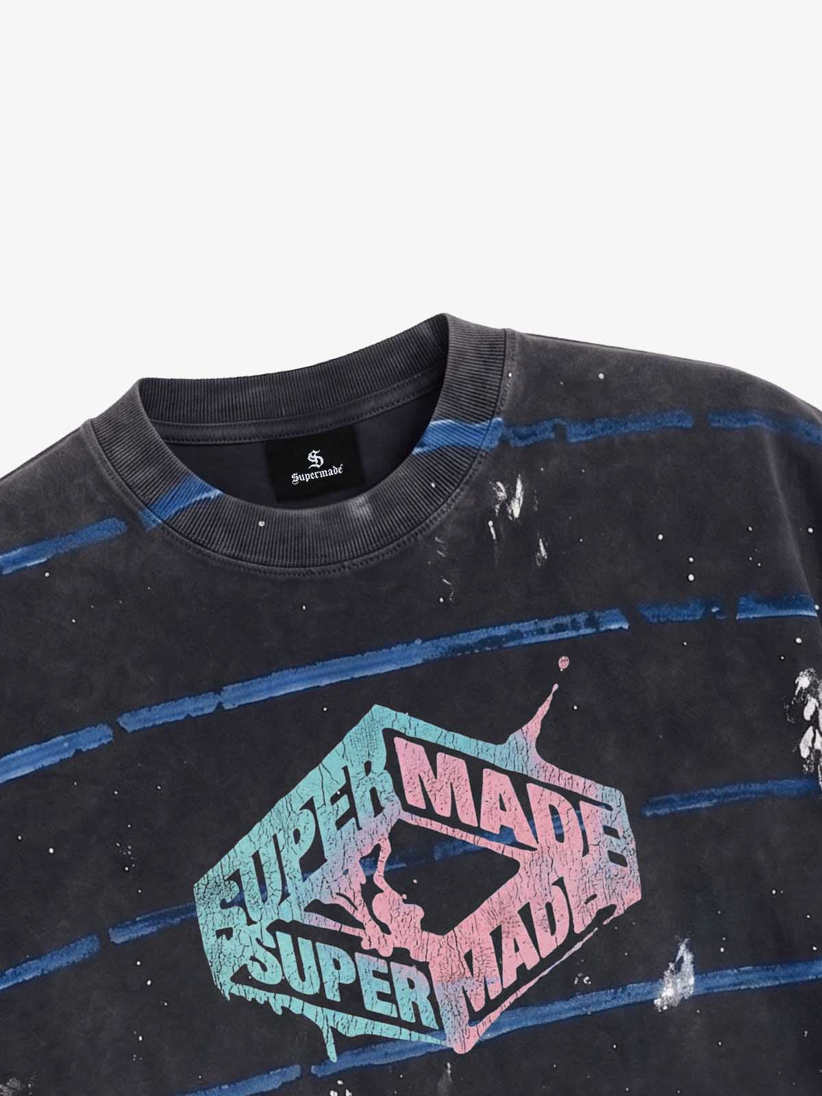 Vintage Washed Striped Paint Splatter Graphic T-Shirt 