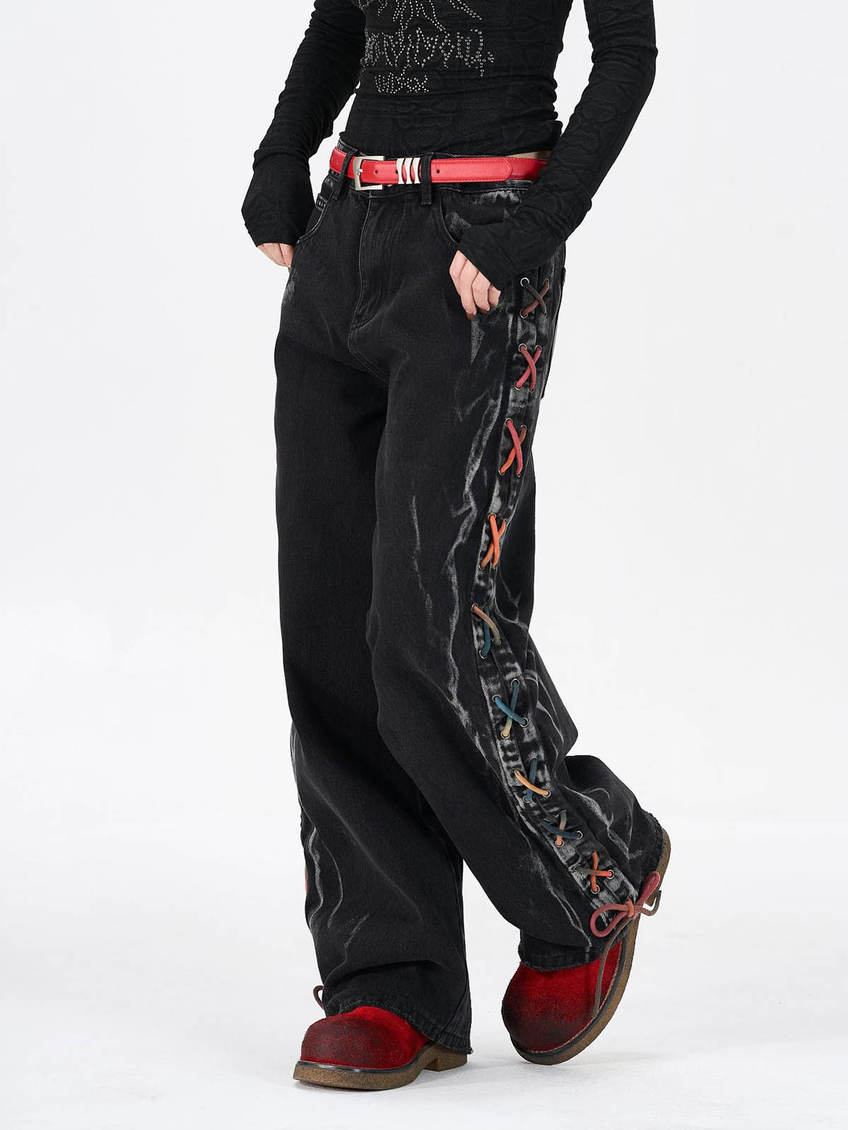Retro Colorful Lace-Up Side Panel Spray-Washed Wide Leg Jeans 