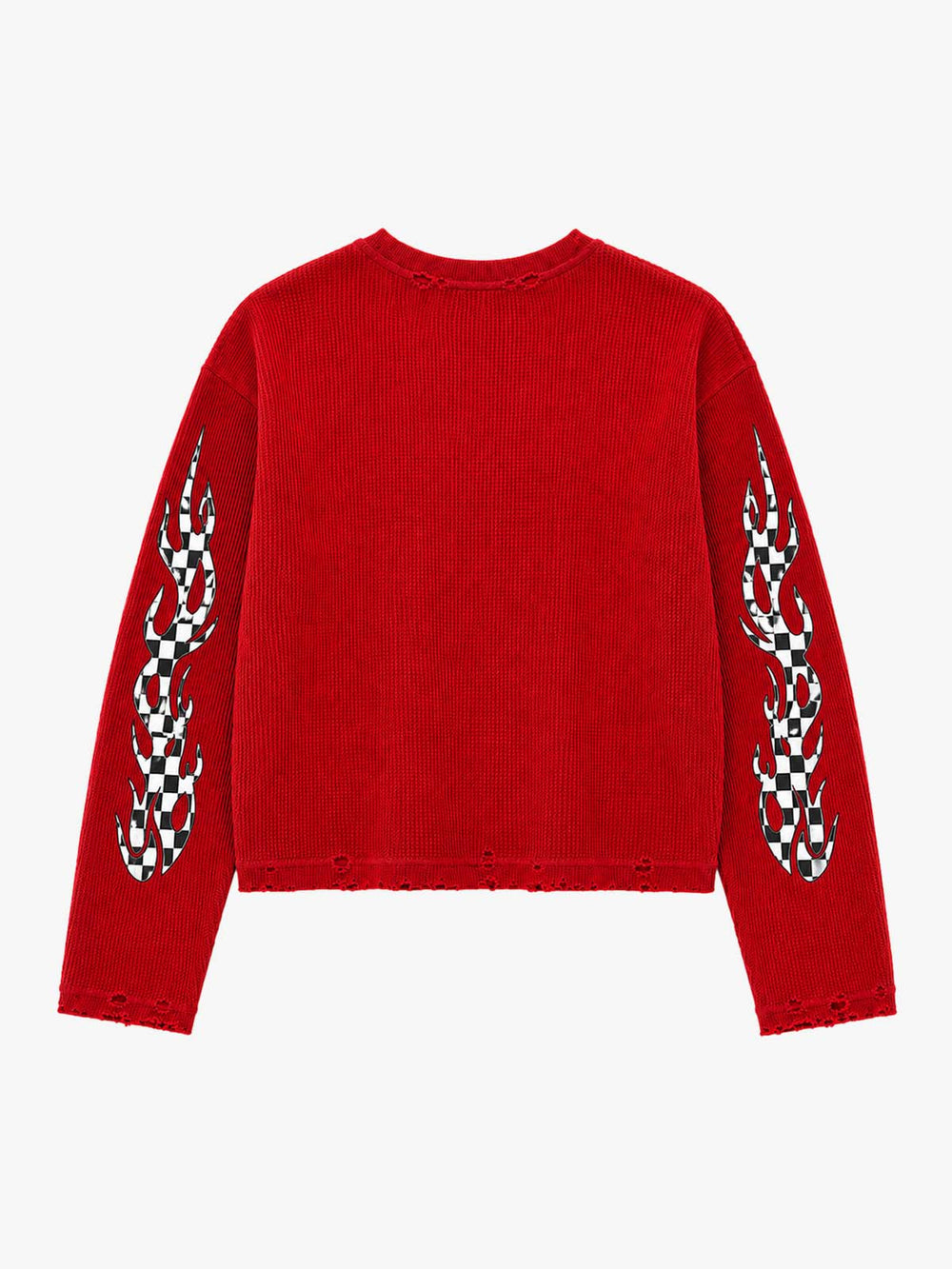 Checkerboard Flame Graphic Distressed Waffle Long Sleeve Tee