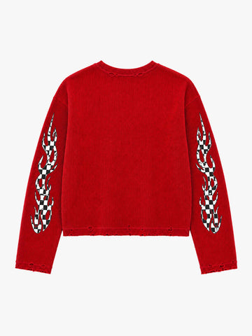Checkerboard Flame Graphic Distressed Waffle Long Sleeve Tee