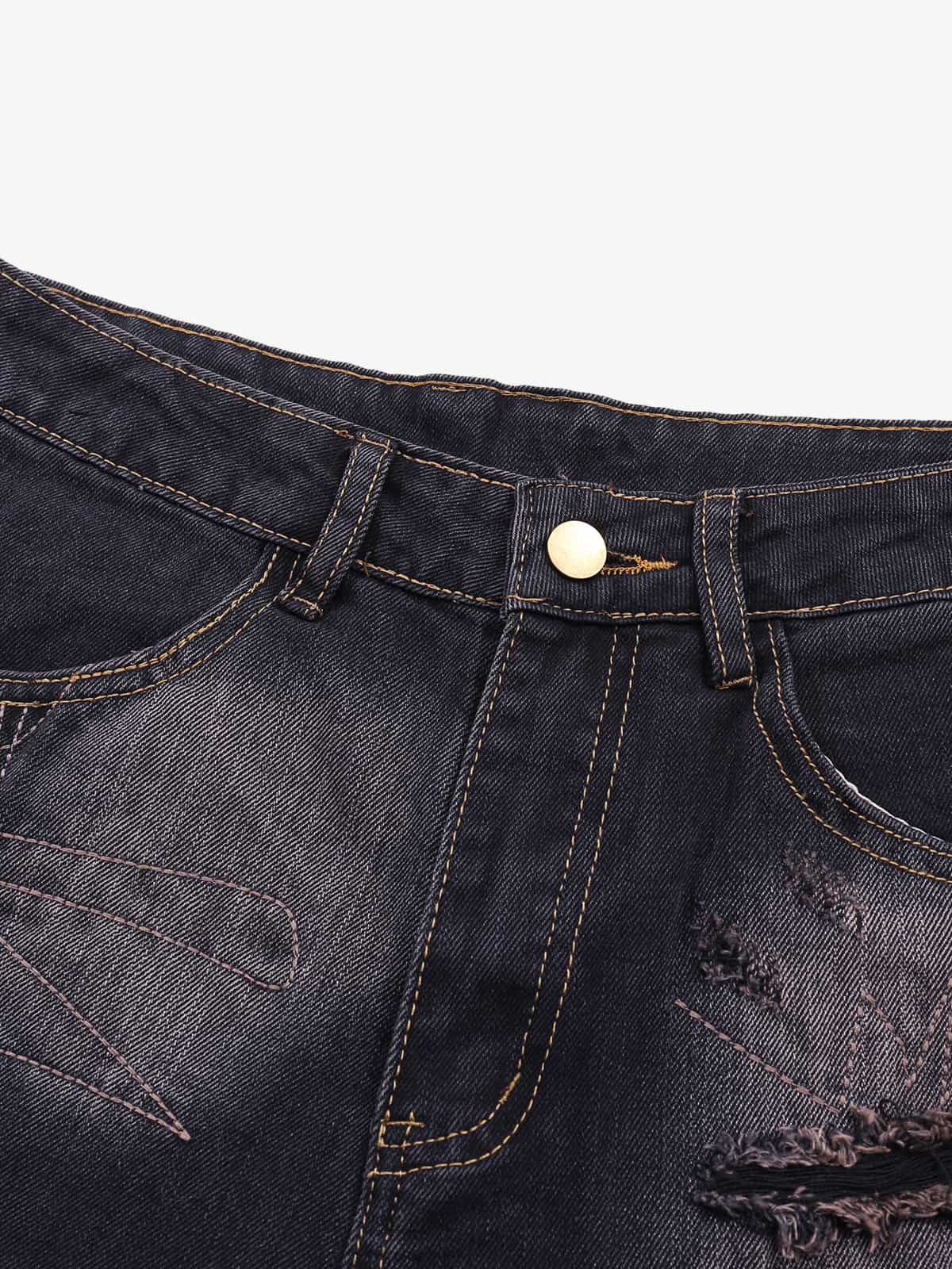 Vintage Washed Patchwork Distressed Barrel Jeans 