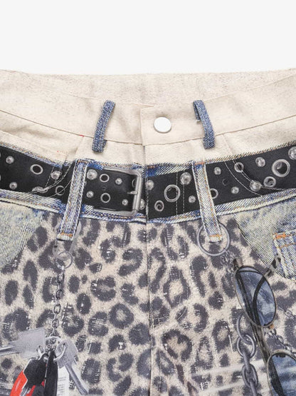 Vintage Leopard 3D Print Double Waistband Washed Jeans 