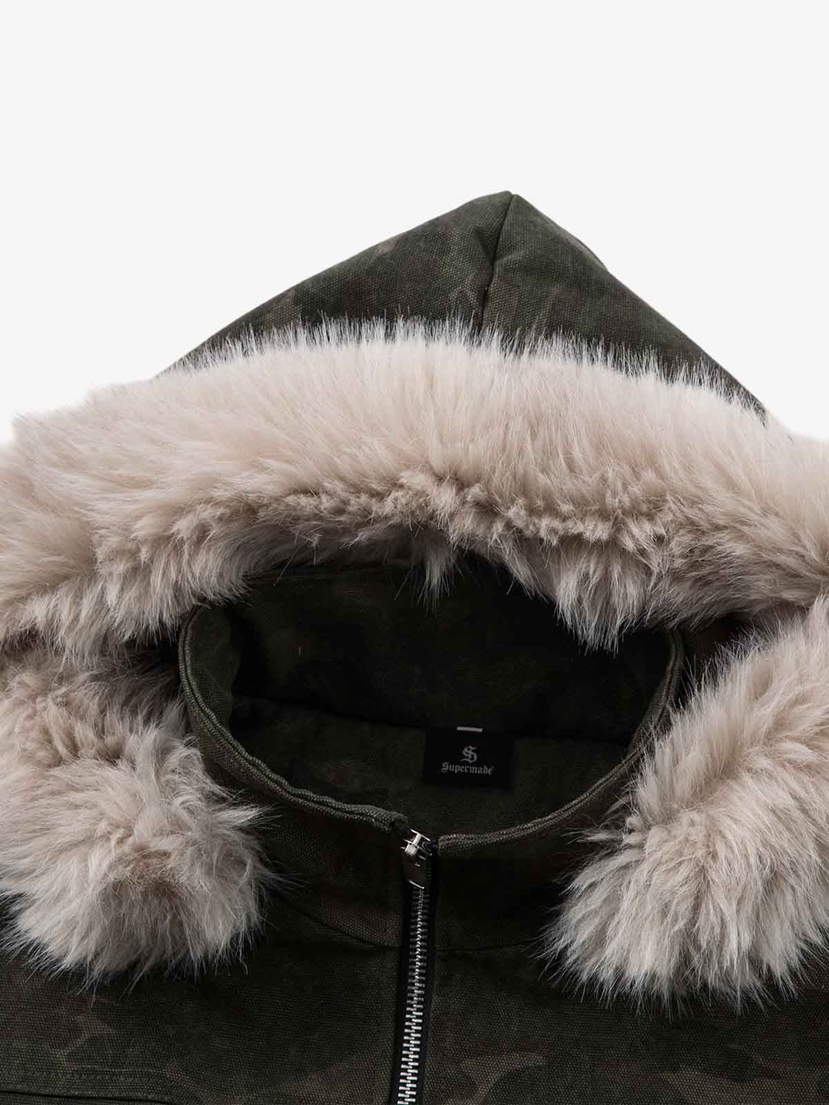 Retro Camo Faux Fur Trim Detachable Hooded Jacket 