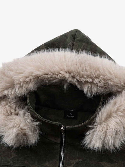 Retro Camo Faux Fur Trim Detachable Hooded Jacket 