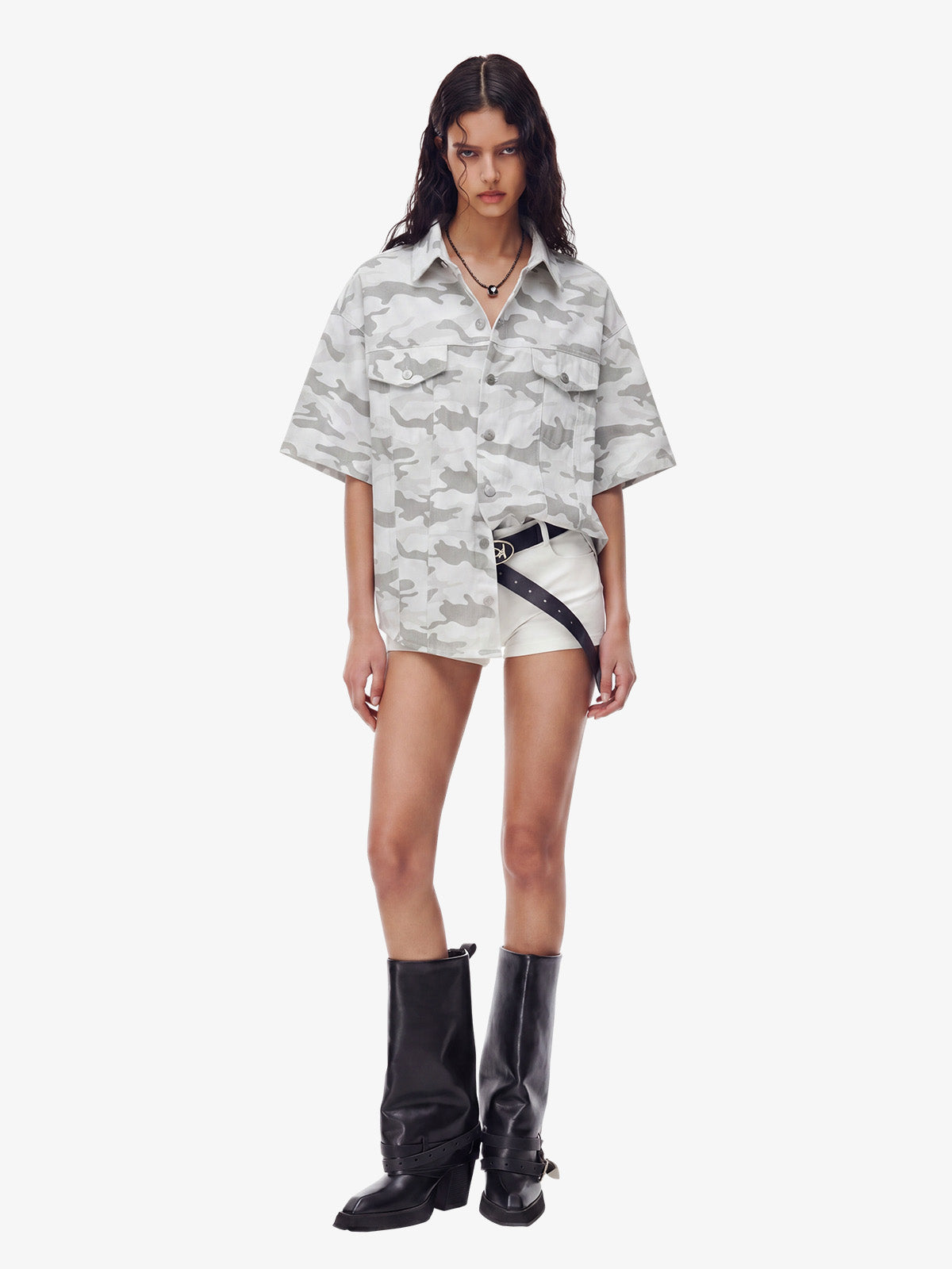Light Grey Tactical Camo Pleated Denim Shirt 