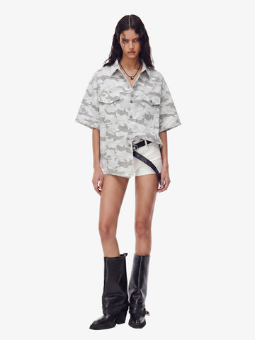 Light Grey Tactical Camo Pleated Denim Shirt 