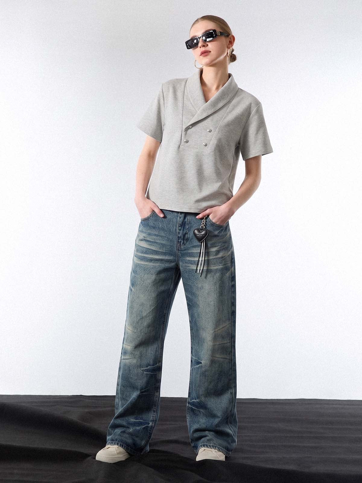 Shawl Collar Button Detail T-Shirt