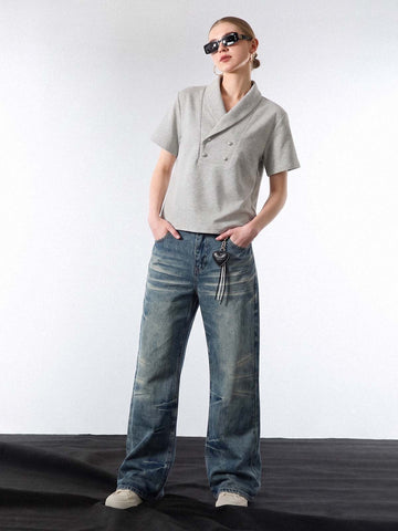 Shawl Collar Button Detail T-Shirt