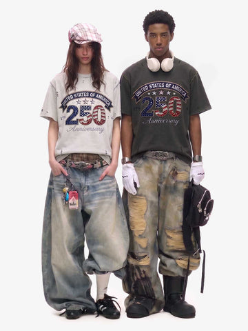 Rhinestone 250 Ripped Washed T-Shirt 