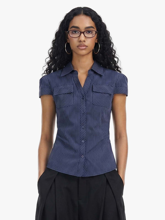 Pinstripe Slim Fit Ruched Waist Shirt 