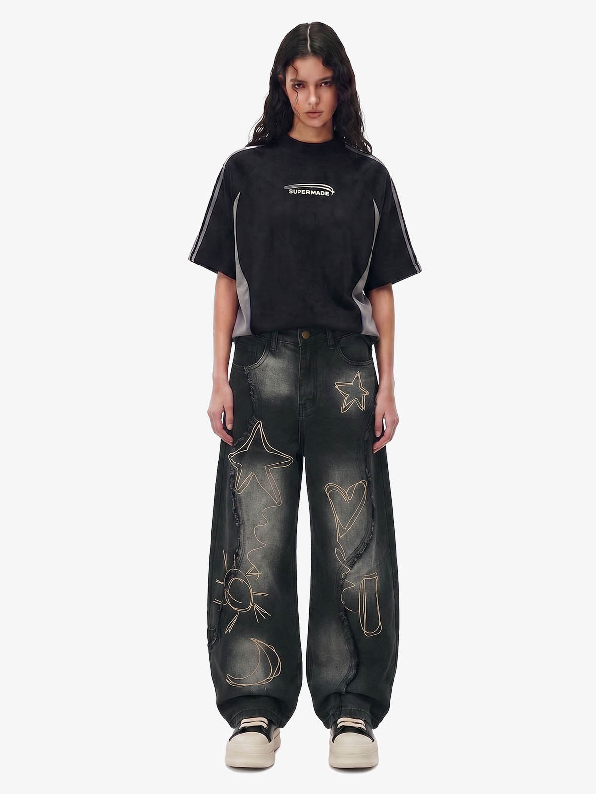 Vintage Embroidered Washed Raw-Edge Graffiti Scimitar Jeans 