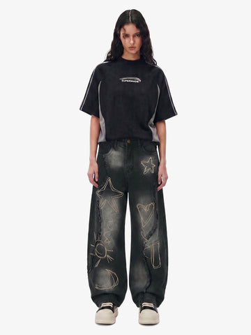 Vintage Embroidered Washed Raw-Edge Graffiti Scimitar Jeans 