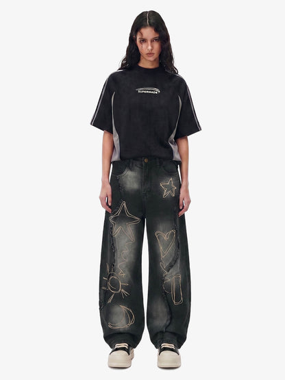Vintage Embroidered Washed Raw-Edge Graffiti Scimitar Jeans 