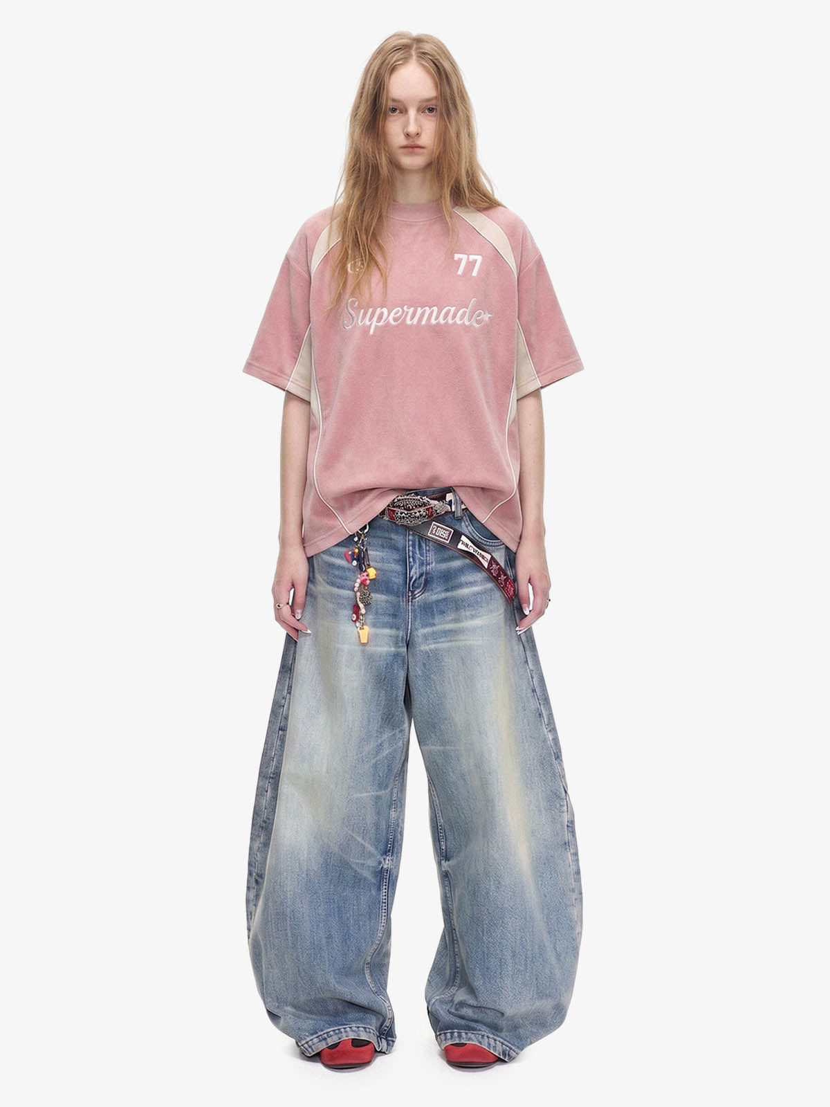 Suede Logo Embroidered Patchwork Short Sleeve T-Shirt - 2634 