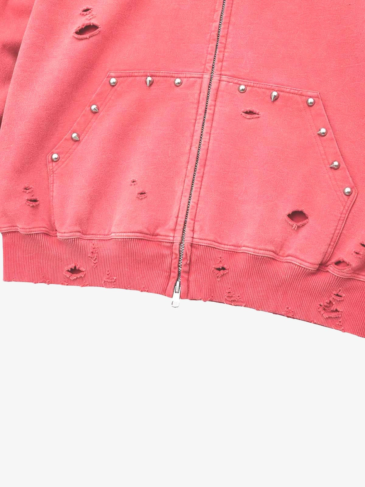 Sweat à capuche zippé à clous et effet vieilli