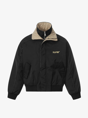 Retro Layered Look Plaid Collar Padded Jacket 