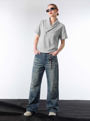 Shawl Collar Button Detail T-Shirt