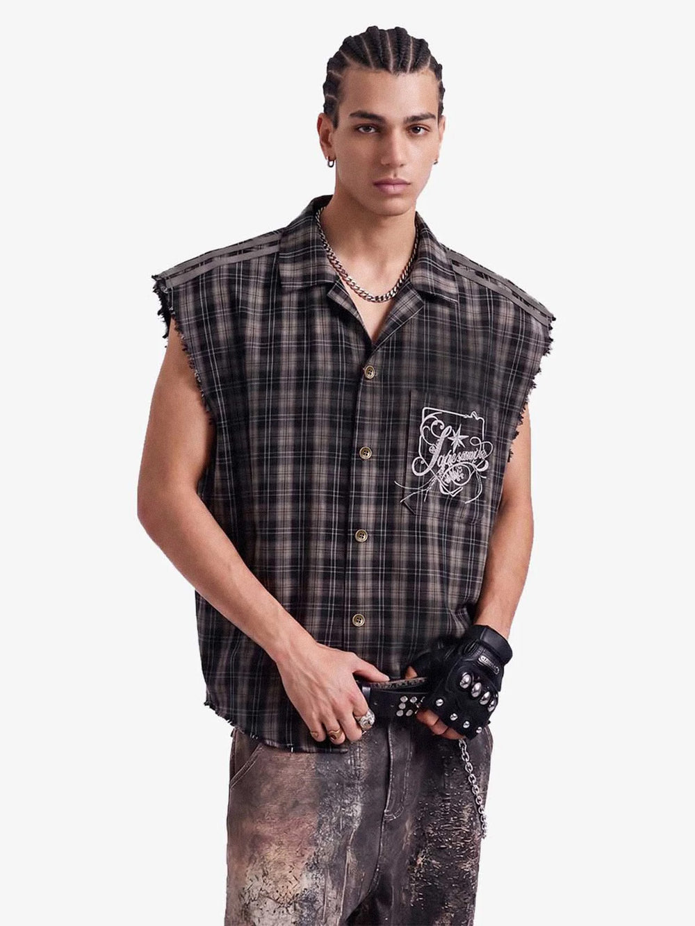 Camicia senza maniche a quadri stile punk vintage effetto usurato - 2629
