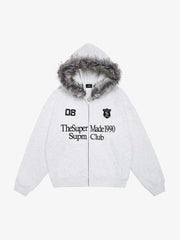 Letter Medal Embroidered Cardigan Fur Collar Zip Up Hoodie- 2502 