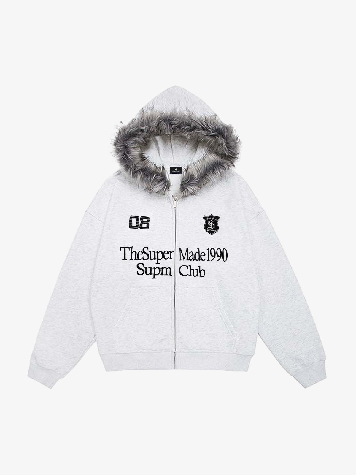 Letter Medal Embroidered Cardigan Fur Collar Zip Up Hoodie- 2502 