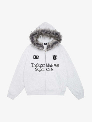 Letter Medal Embroidered Cardigan Fur Collar Zip Up Hoodie- 2502 