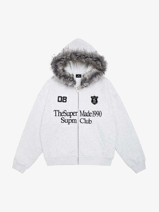 Letter Medal Embroidered Cardigan Fur Collar Zip Up Hoodie- 2502 