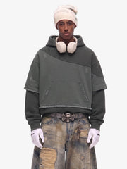 Distressed Patchwork Raw-Edge Layered-Hem Fleece Hoodie 