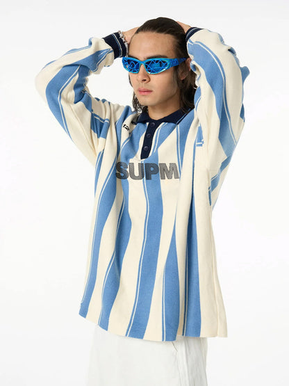 Retro Striped Polo Collar Sports Jersey Knit Sweater 