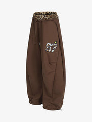 Retro Double-Waist Leopard Patch Barrel Pants - 2564 