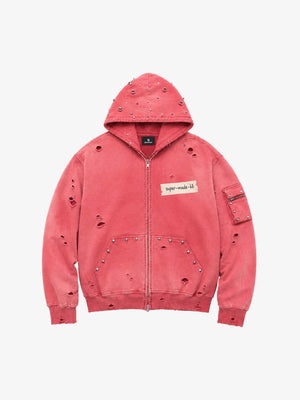 Studded Distressed Zip Hoodie