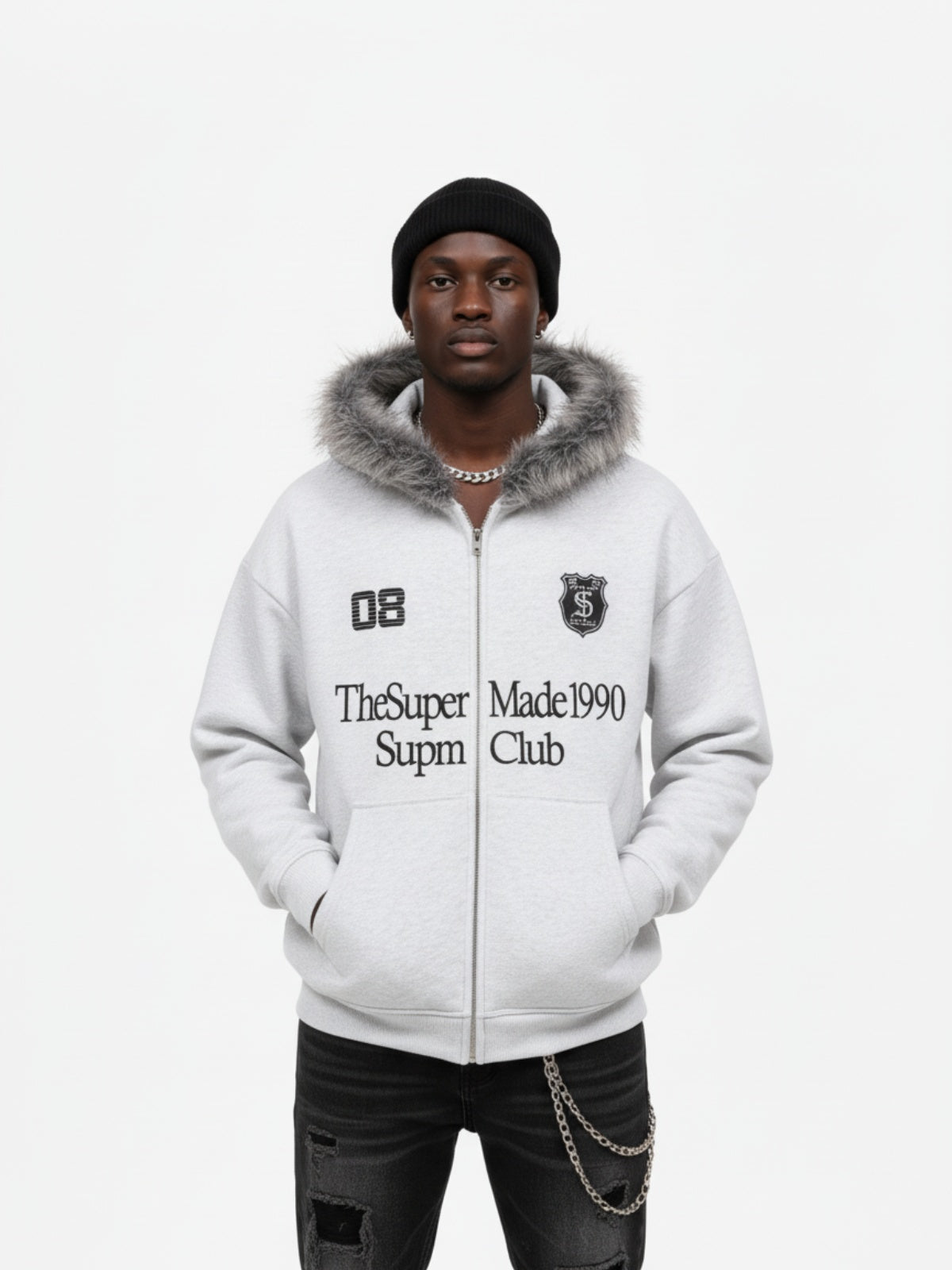 Letter Medal Embroidered Cardigan Fur Collar Zip Up Hoodie- 2502 